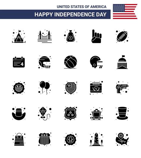 Pack Of 25 Usa Independence Day Celebration Solid Glyph Signs And 4th July Symbols Such As Rugby