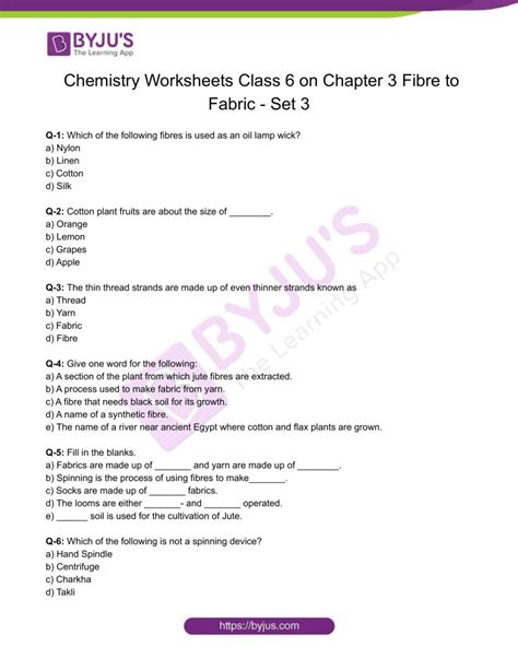 Class Chemistry Worksheet On Chapter Fibre To Fabric Set