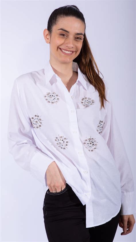 Camisa Bordada Con Strass Blanco Tits