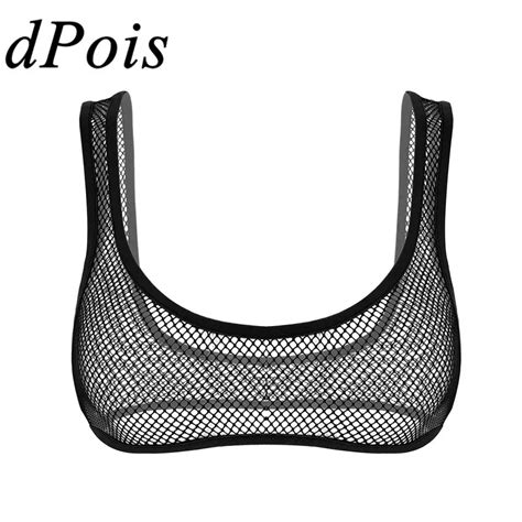 Women Fishnet Bra Top Cropped Tank Top Lingerie Deep U Neck Hollow Out See Through Fishnet