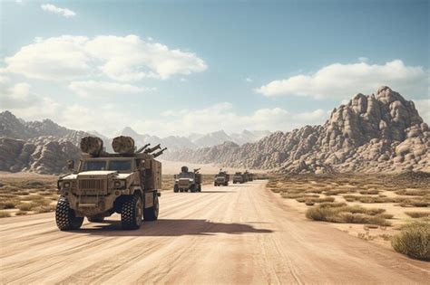 Premium AI Image A Group Of Trucks Driving Down A Dirt Road With