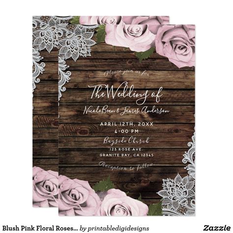 Blush Pink Floral Roses Rustic Wood Lace Wedding Invitation Zazzle