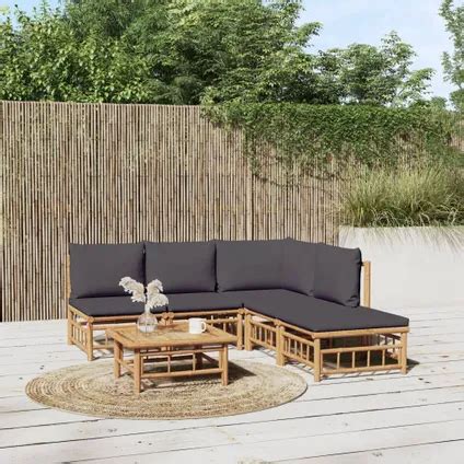 VidaXL Bamboe Tuinset Modulair Stoelen Tafel Kussens Donkergrijs