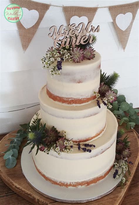 Semi Naked Rustic Cake With Fresh Flowers Wedding Cakes In Devon Cornwall Divine Wedding Cakes