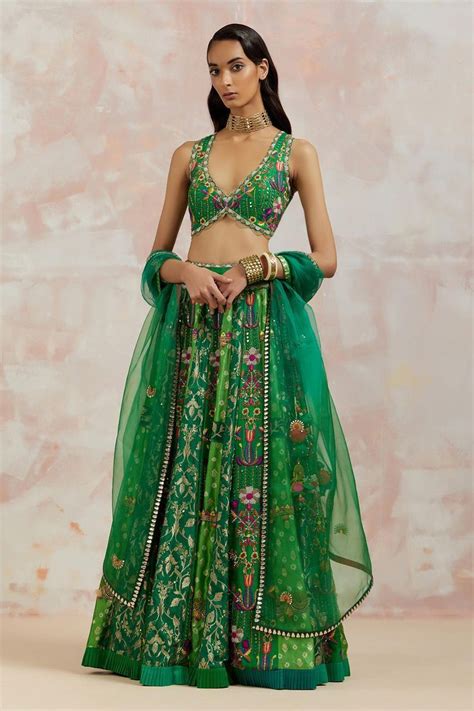 Buy Green Silk Floral Embroidered Lehenga Set With Padded Blouse And