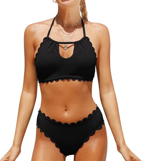 Charmleaks Women Hater Neck Bikini Set Scalloped Padded Key Hole