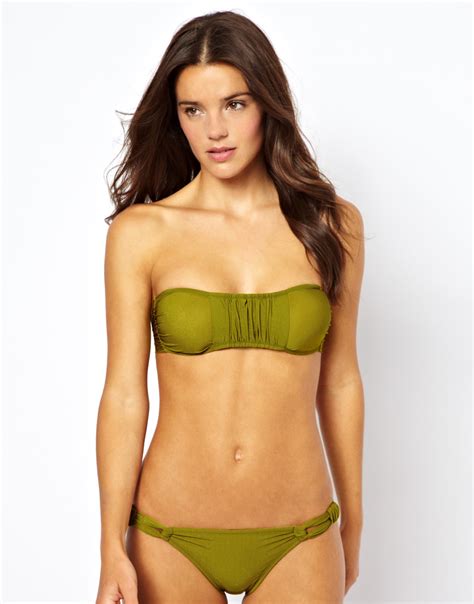 Lyst Rvca Asos Ruched Tab Front Bandeau Bikini Top In Green