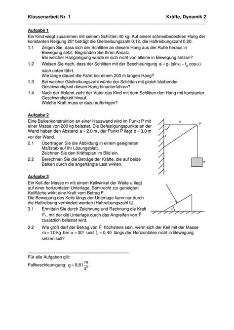 Kräfte Dynamik 2 3 KA mit Lösungswegen Unterrichtsmaterial im Fach