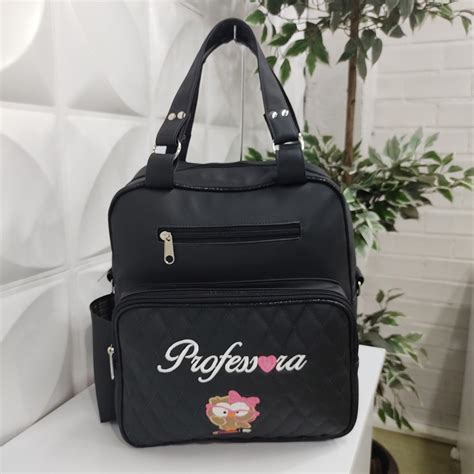 Bolsa Mochila Personalizada Para Professora Preto Brilho Preto Coutre