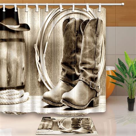 Western Theme Cowboy Boots And Hat Polyester Fabric Shower Curtain