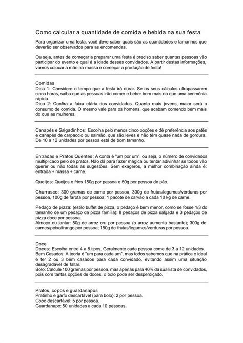 Pdf Como Calcular A Quantidade De Comida E Bebida Na Sua Festa