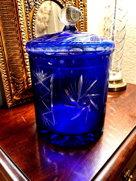 Vintage Cobalt Blue Cut Lead Crystal Candy Dish W Lid Czech 1950s Detailed Ebay