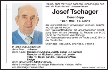 Traueranzeigen Von Josef Tschager Trauer Bz