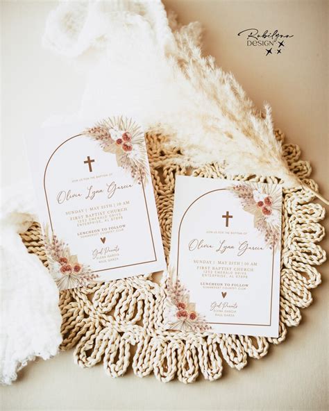 Editable Pampas Grass Baptism Invitation Bohemian Baptism Invitation Boho Baptism Christening