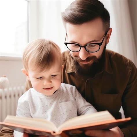 Padre e hijo están leyendo un libro y sonriendo mientras pasan tiempo