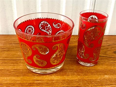 Mid Century Vintage Culver Red And Gold Glass Paisely Pattern Etsy