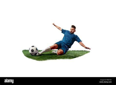 Football Player Tackling For The Ball Over White Background