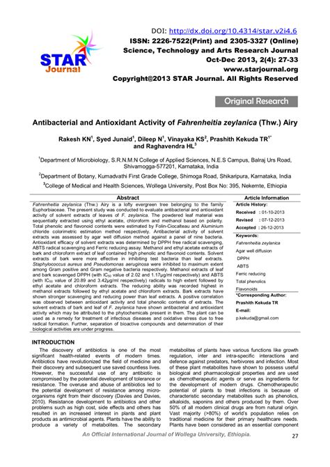 Pdf Antibacterial And Antioxidant Activity Of Fahrenheitia Zeylanica