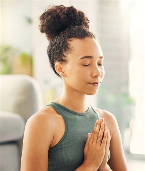 Premium Photo Praying Hands Meditation And Woman Relax In Living Room