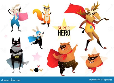 Superheroes Animals Kids Party Funny Characters Stock Vector