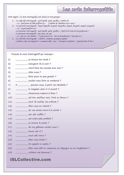 Exercice Sur Les Mots Interrogatifs