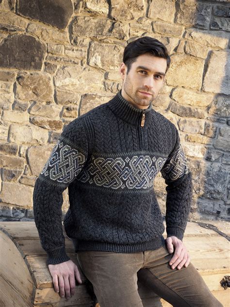 Celtic Jacquard Half Zip Sweater In Charcoal Glendalough Woollen Mills