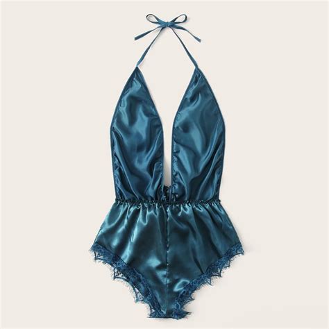 Buy Women V Neck Lace Stain Bow Lingerie Bodysuit Sleepwear Pajamas