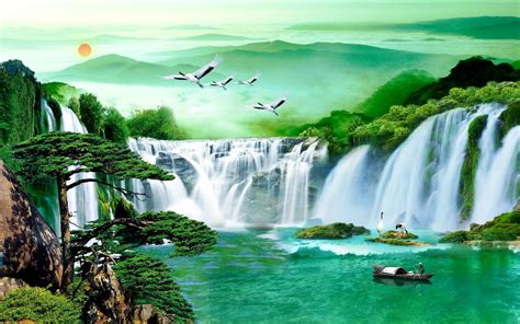 PSD, PNG, Nature waterfall, 3D background, green nature