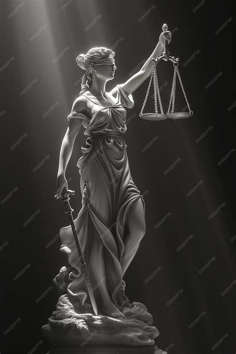 Statue Of Lady Justice Holding Scales In Black And White Premium Ai