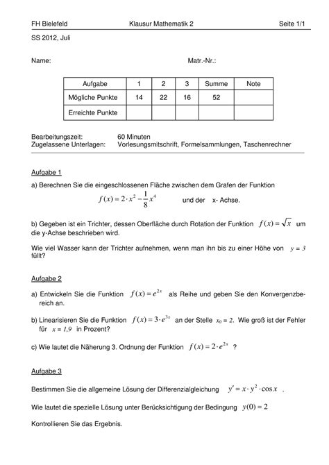 M Ss Alte Klausuren Fh Bielefeld Klausur Mathematik Seite