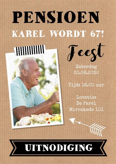 Uitnodiging Pensioen Kraft Foto Typografie Kaartje Go