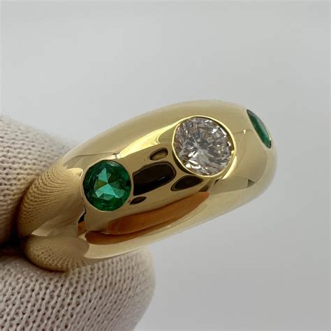 Vintage Cartier Diamond And Emerald 18k Yellow Gold Three Stone Dome