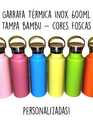 Garrafa Inox Termica Ml Tampa Bambu Matte Personalizada Compre