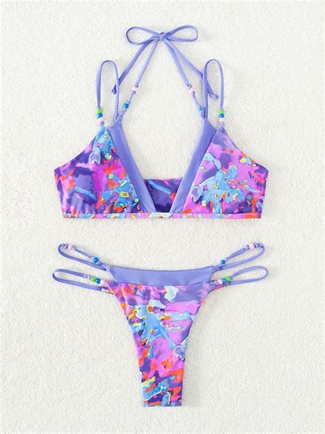 Emmiol Free Shipping 2023 Patchwork Floral Strappy Bikini Set Lilac M