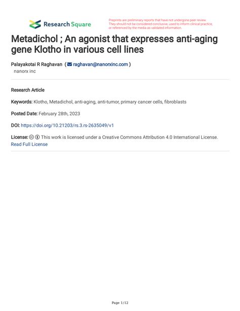 Pdf Metadichol An Agonist That Expresses Anti Aging Gene Klotho In