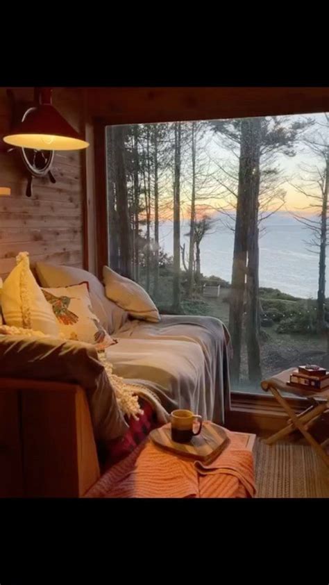 Log Cabin Bedroom With Waterfront View At Sunset Or Dawn