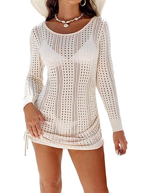 Tsseiatte Women Knit Bikini Cover Ups Cutout Long Sleeves Beach Mini