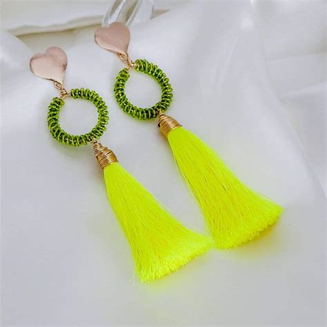 Neon Yellow Tassel Earring Silk Tassel Earrings Statement Etsy