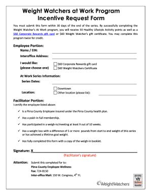 Fillable Online Weight Watchers At Work Program Incentive Request Form