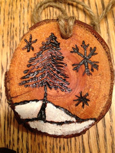 Rustic Snowy Scene Wood Burned Christmas Ornament Natural Wood Wood