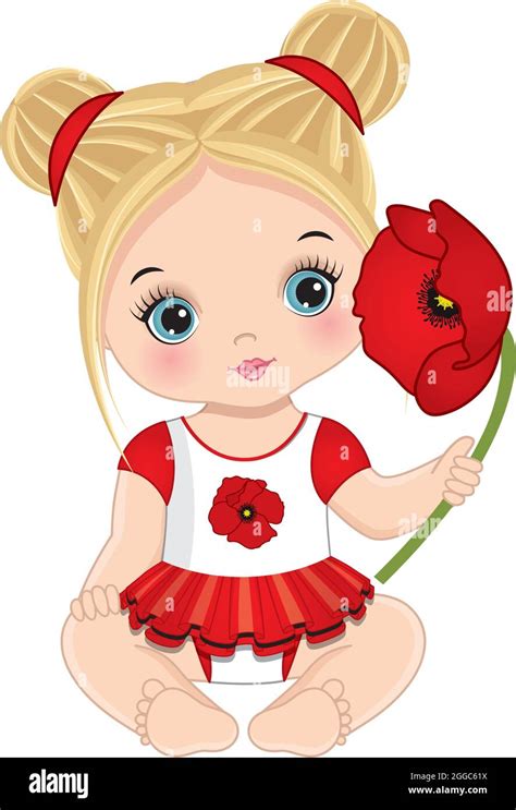 Cute Blond Little Baby Girl Holding Poppy. Vector Baby Girl with Red Poppy Stock Vector Image ...