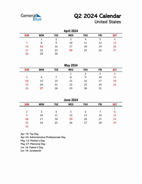 Q2 2024 Quarterly Calendar With United States Holidays Pdf Excel Word