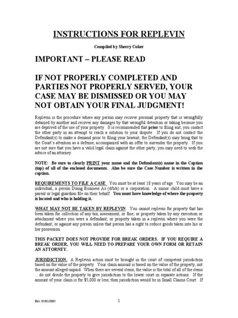 replevin  lawsuit complaint