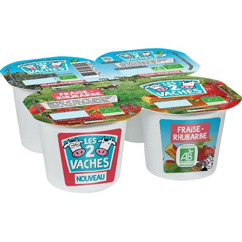 Yaourt brassé fraise et rhubarbe BIO Les 2 Vaches 4 x 115 g La