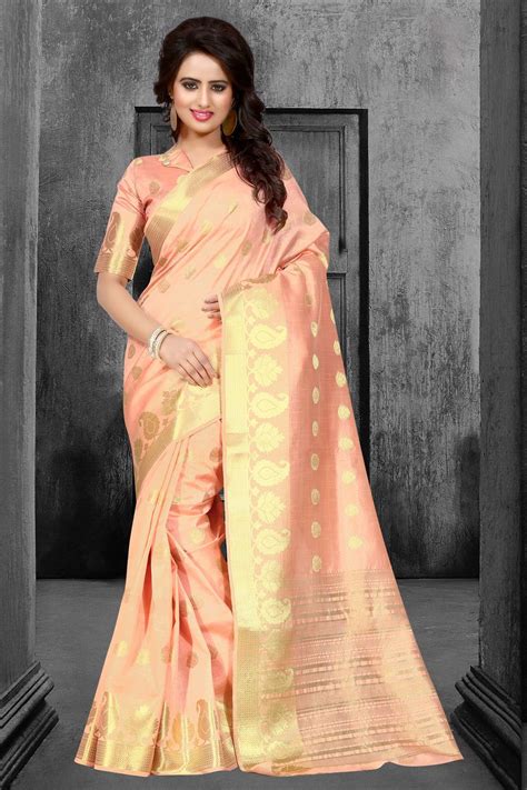 Peach Tussar Silk Saree With Blouse