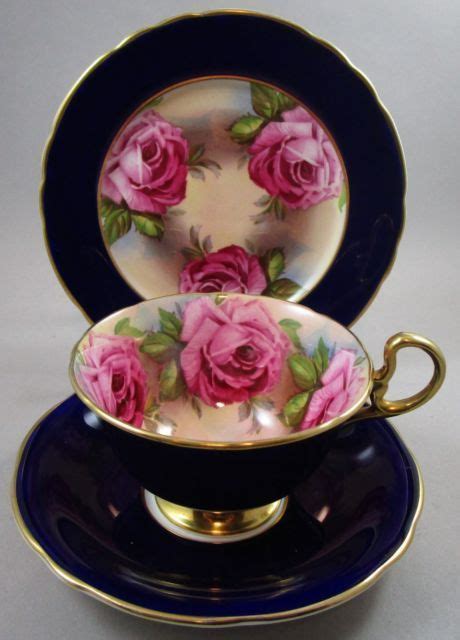 Aynsley Cabbage Roses Tea Cup And Saucer Cobalt Blue Excellent