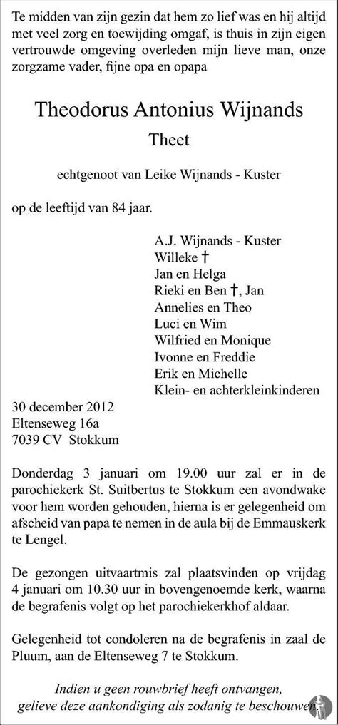 Theodorus Antonius Theet Wijnands 30 12 2012 Overlijdensbericht En