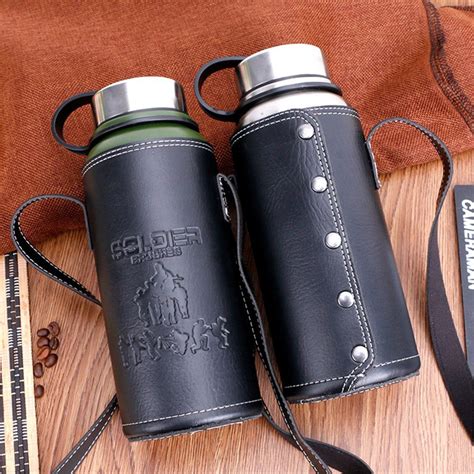 Camping And Hiking Insulated Flask Thermos With Leather Case Thermal