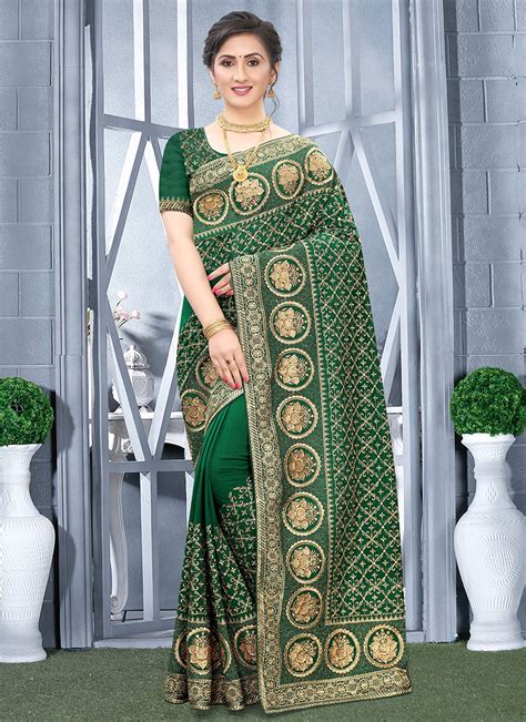 Buy Traditional Wear Dark Green Embroidery Work Vichitra Silk Saree