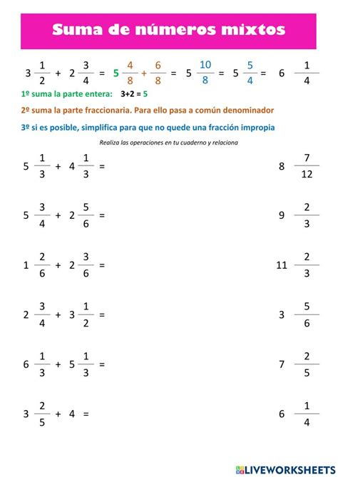 Suma números mixtos worksheet Resta de fracciones mixtas Resta de